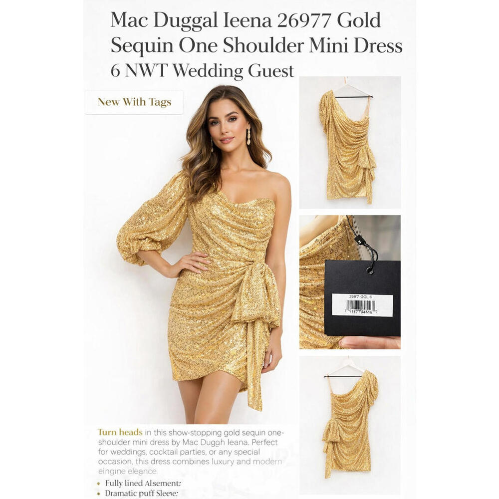Mac Duggal Gold Sequin One-Shoulder Mini Dress